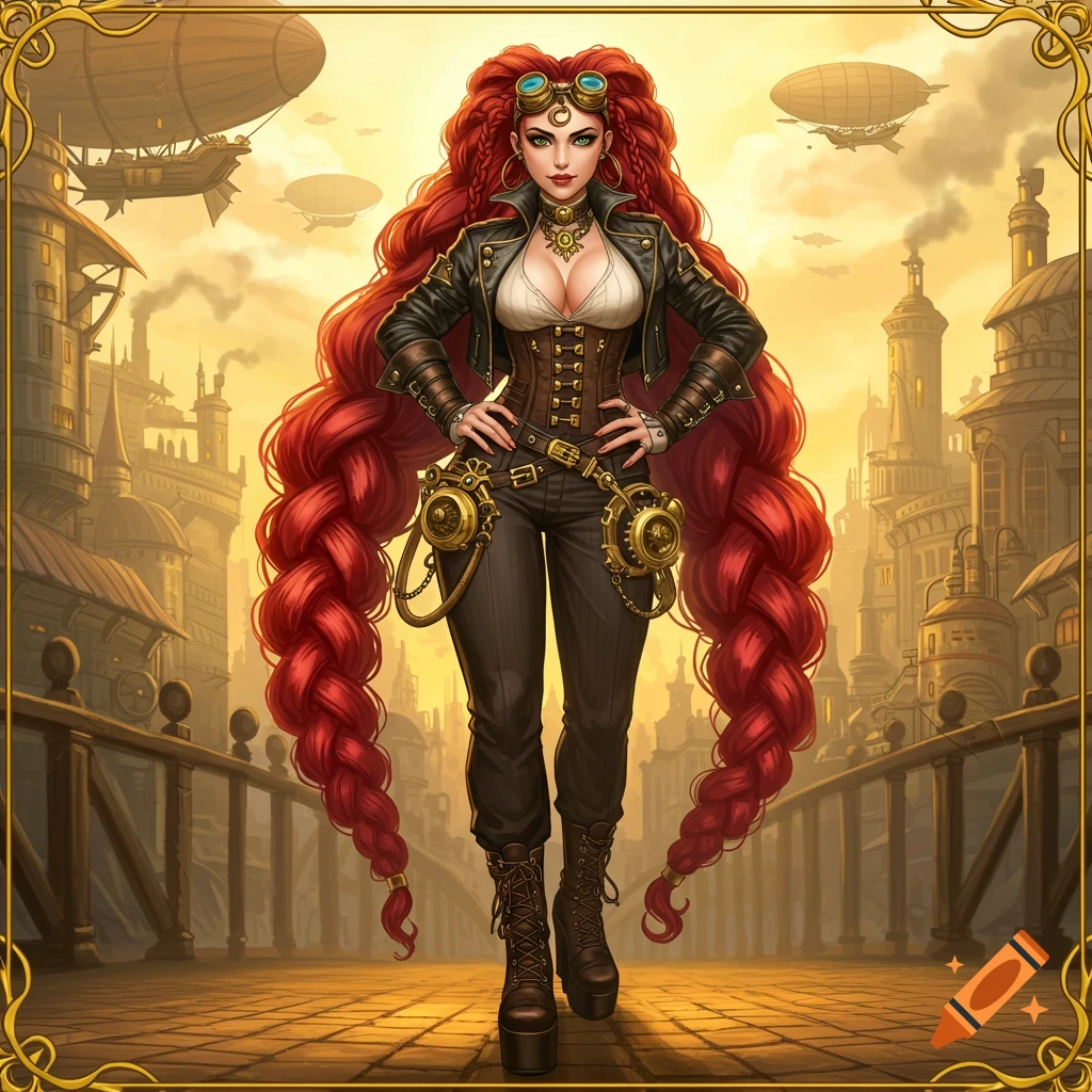 A steampunk woman with long braided red hair, goggles, leather jacket, corset, and platform boots stands on a bridge in a city with airships.