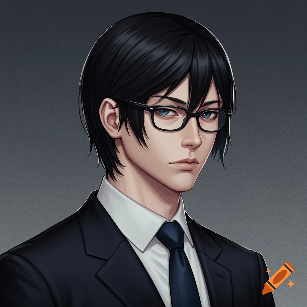 Anime portrait of a male character with black hair and glasses in a suit.