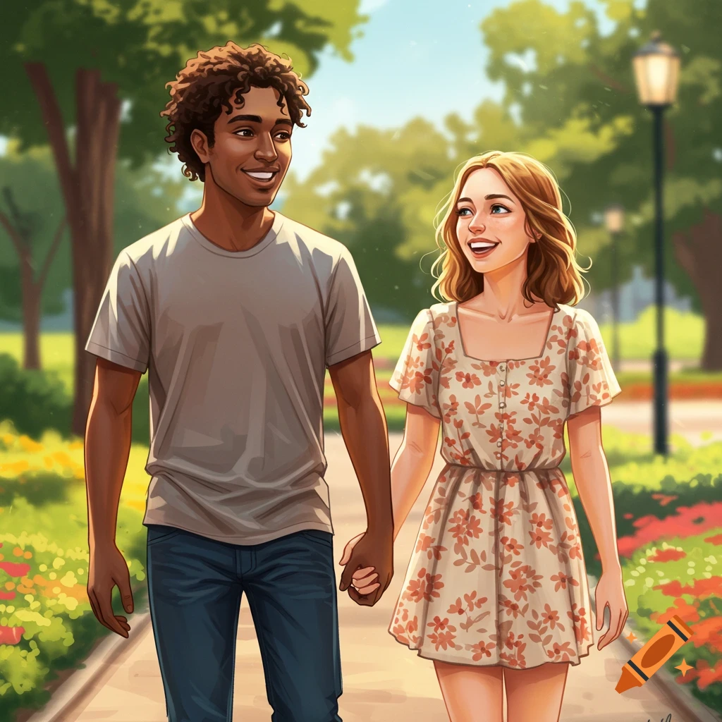 A couple holding hands and walking in a park.