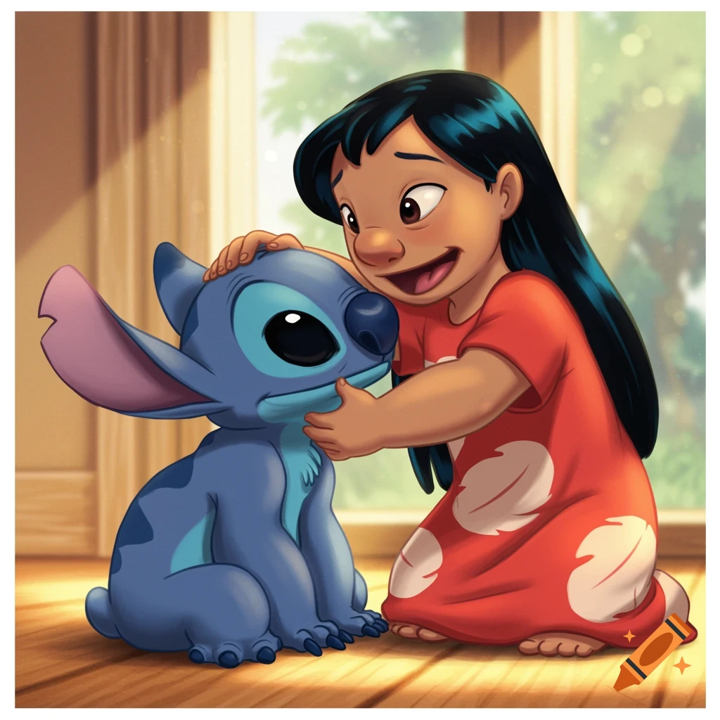 Lilo kneeling and petting Stitch in a sunny room.