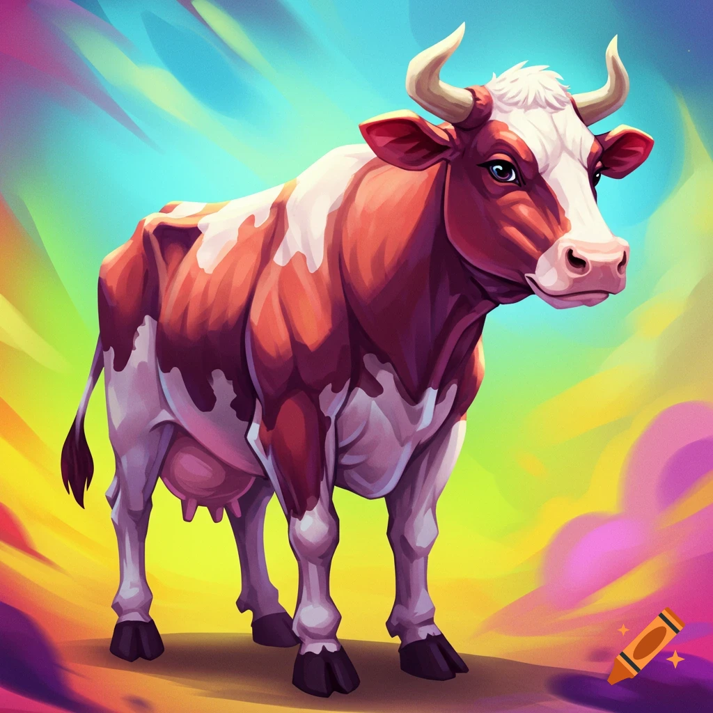 A stylized image of a red and white cow standing against a vibrant, colorful background.