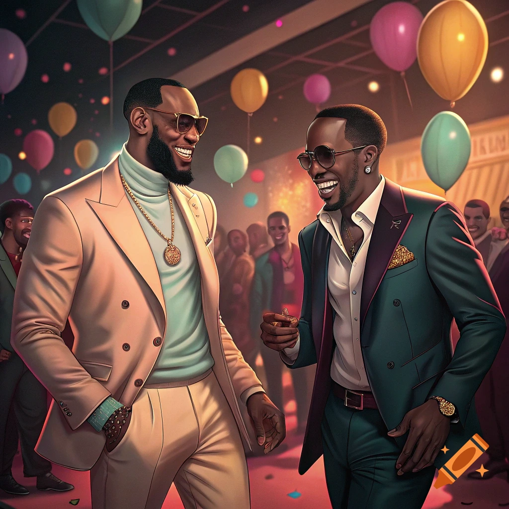 LeBron James and Sean Combs laughing and talking at a lively party with balloons.