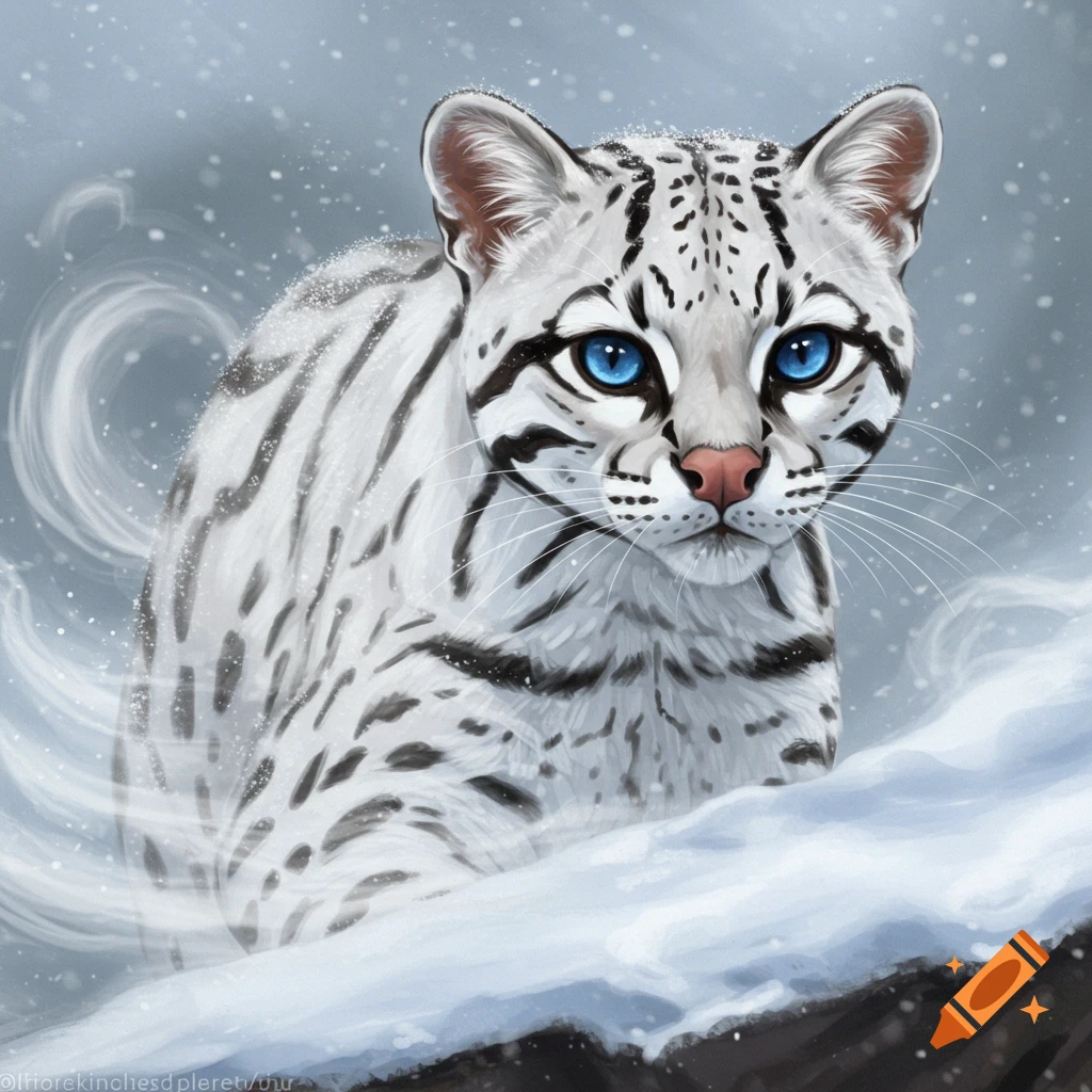 A white ocelot with blue eyes in the snow