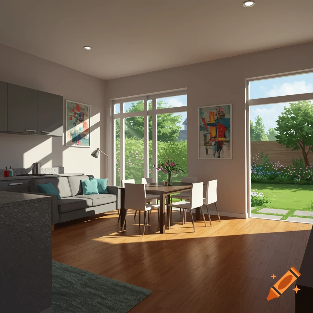 A modern living and dining area with large windows overlooking a garden