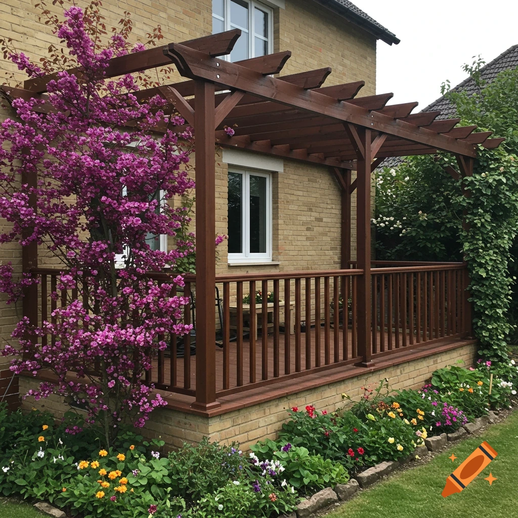 A wooden pergola with a railing is attached to a brick house, surrounded by flowering plants and a purple blooming tree.