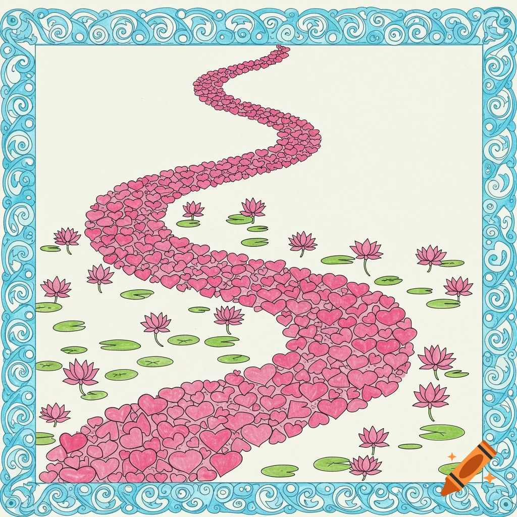 A coloring page illustration of a winding path of pink hearts, surrounded by lotus flowers and bordered by blue swirls.