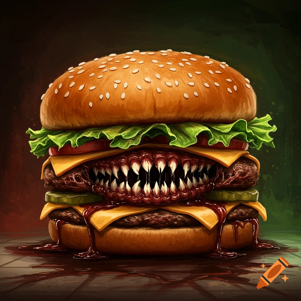 A monstrous burger with sharp teeth and dripping sauce.