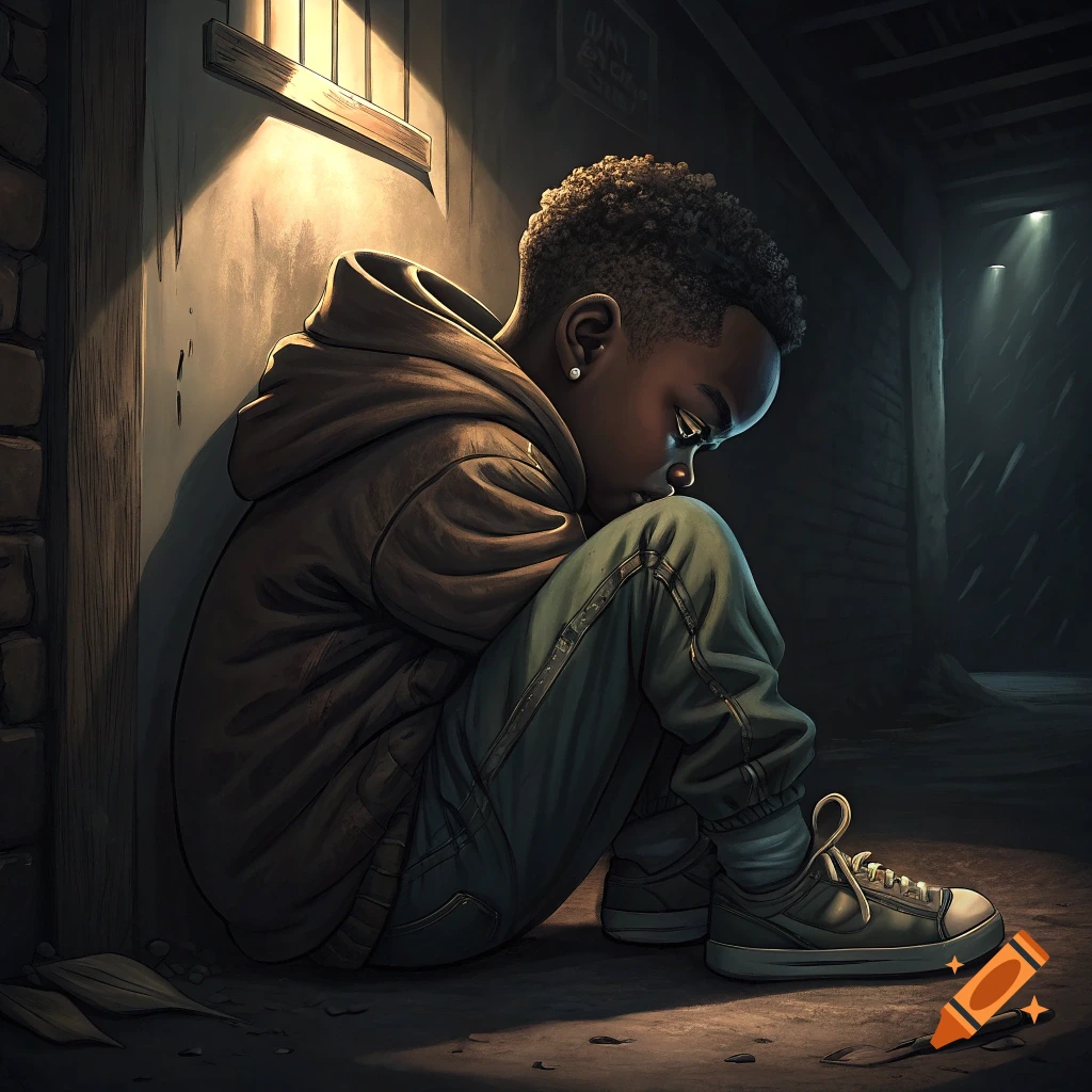 Young person curled up in a dark basement looking sad.