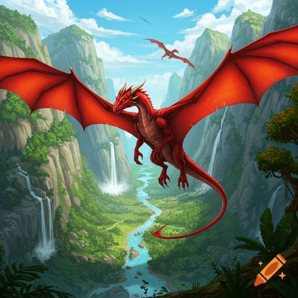 A red dragon flies over a lush valley with waterfalls and mountains.