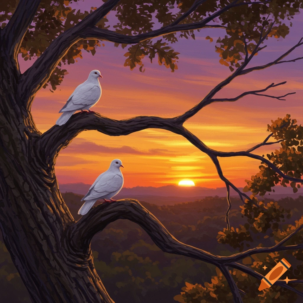 Two white doves in a tree watching a vibrant sunset.