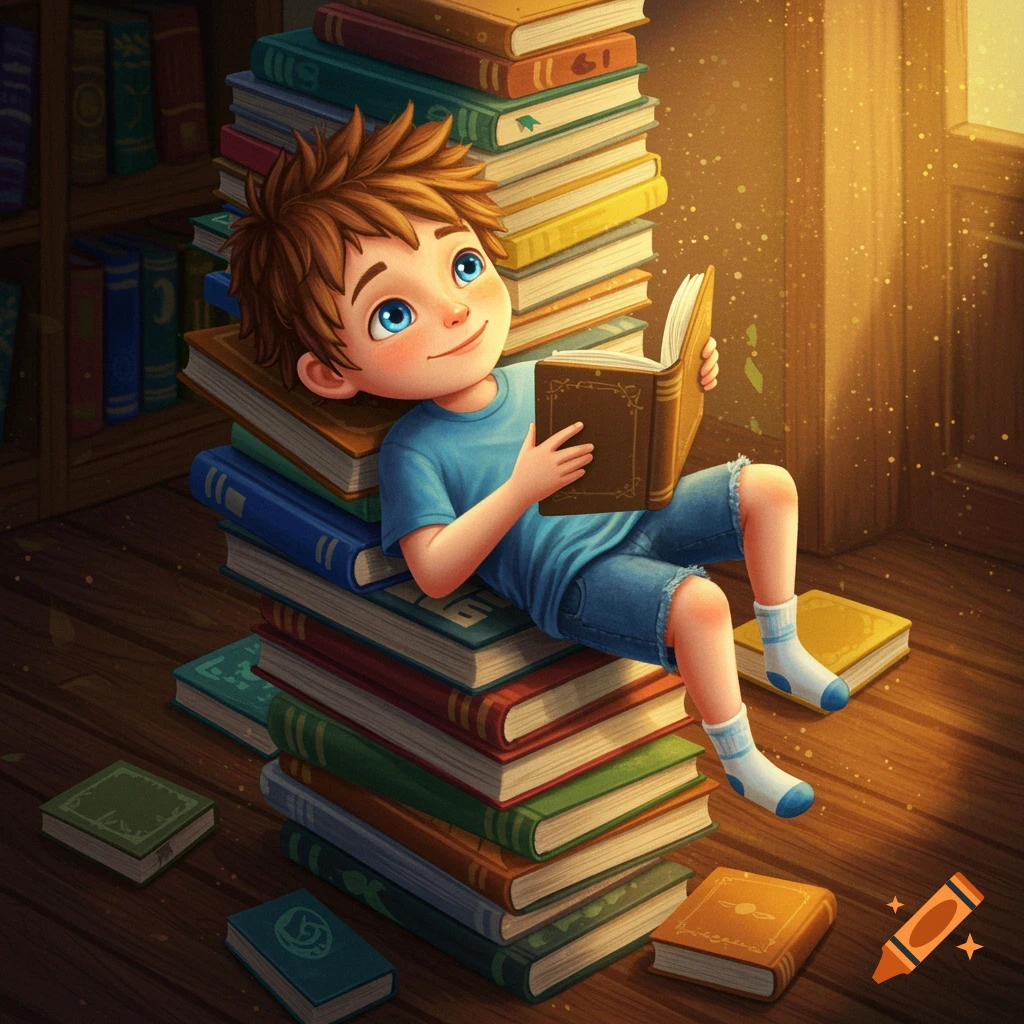 Illustrative style image of a boy reading on a large stack of books.