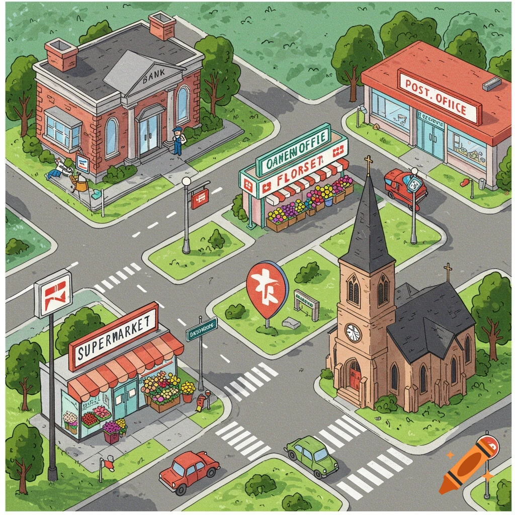 Cartoon isometric town map with bank, post office, supermarket, florist, church, roads, cars, and trees.