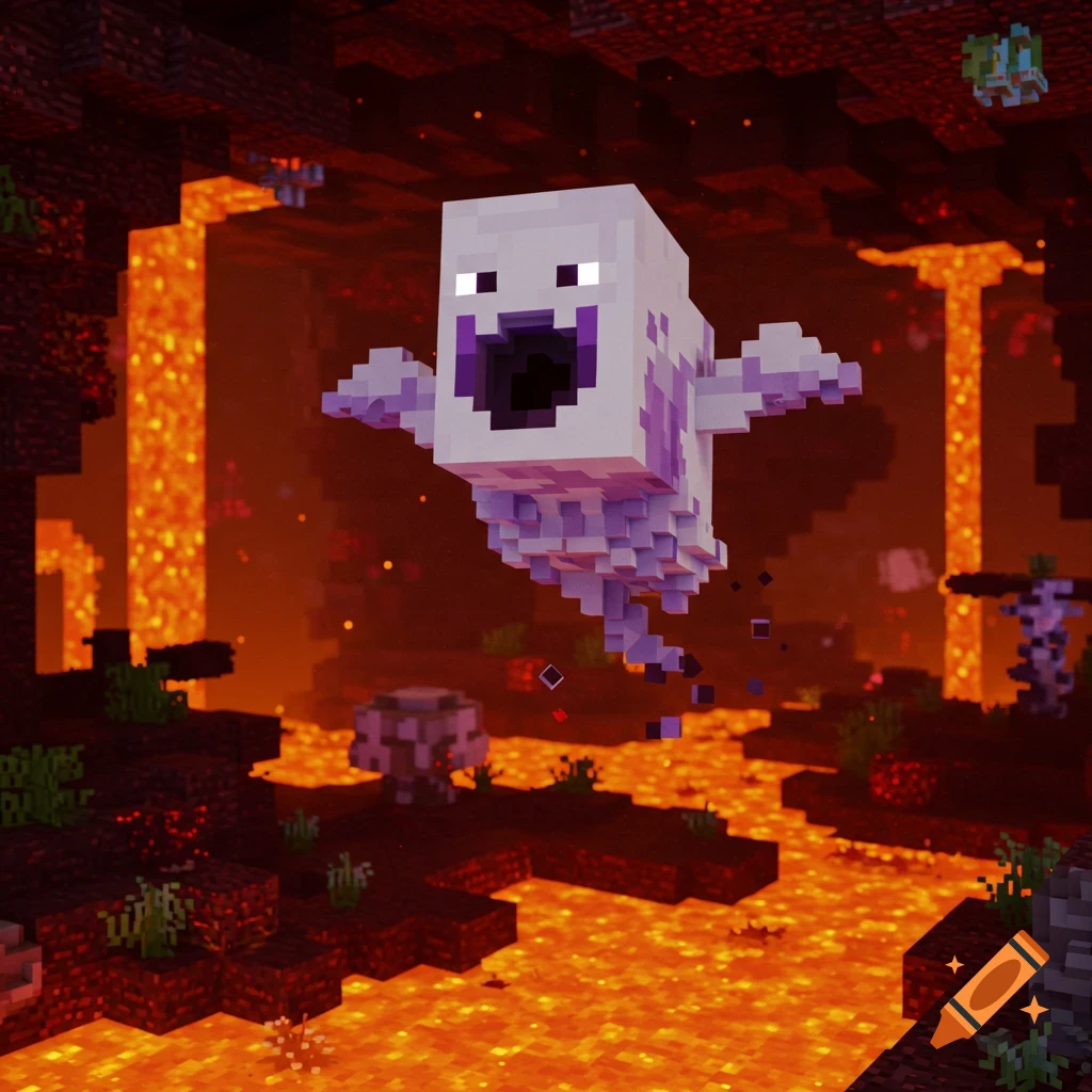 A Minecraft ghast floats above lava in the Nether.