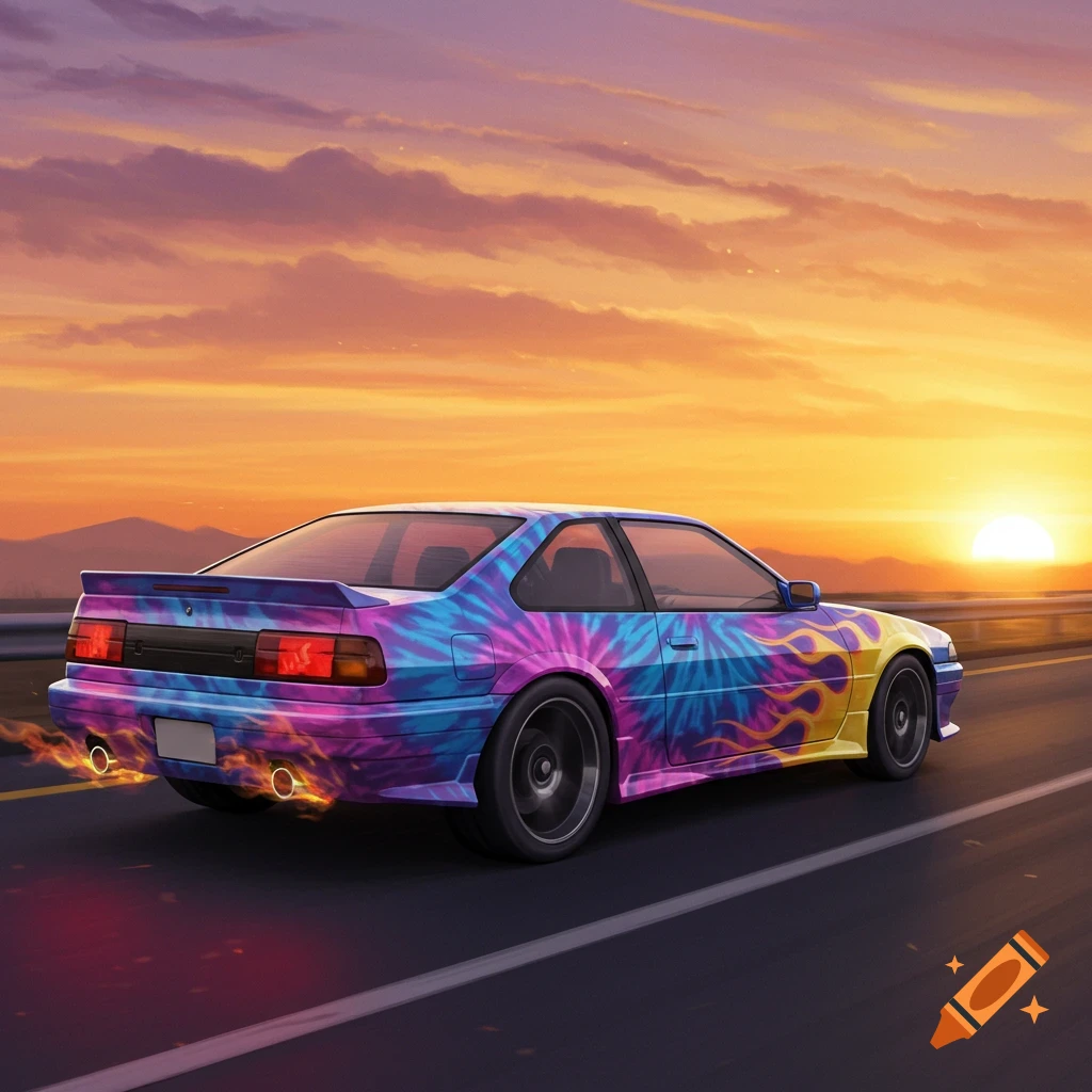A tie-dye car drives on a highway at sunset with flames from the exhaust.