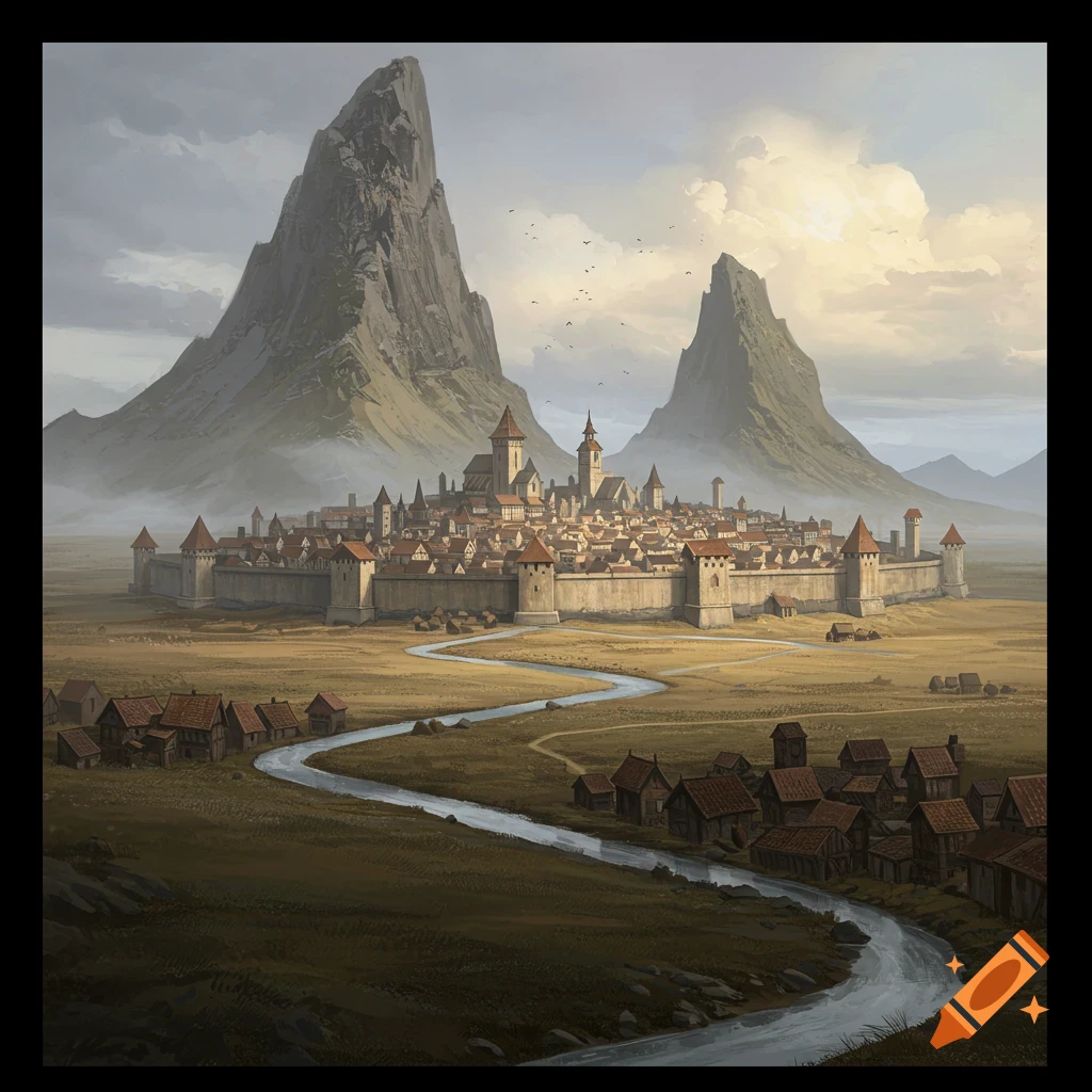A walled fantasy city in a valley with a river and two large mountains.
