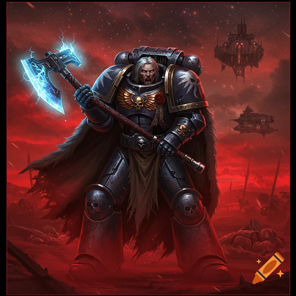 A powerful Space Marine with white hair stands in a red, war-torn landscape holding an electric axe, with spacecrafts in the sky.