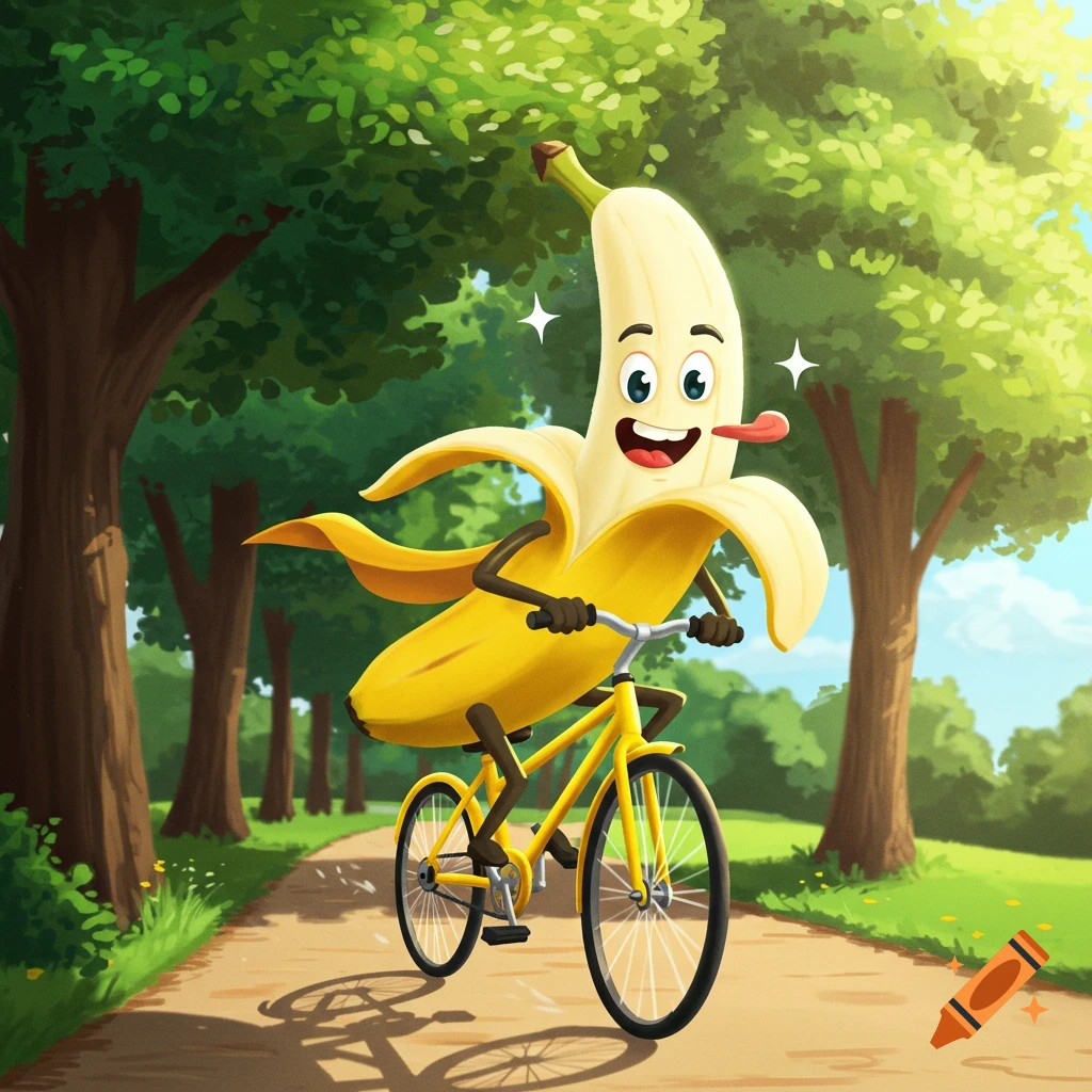 A cheerful cartoon banana with peeled skin flaps rides a yellow bicycle down a sunny park path.