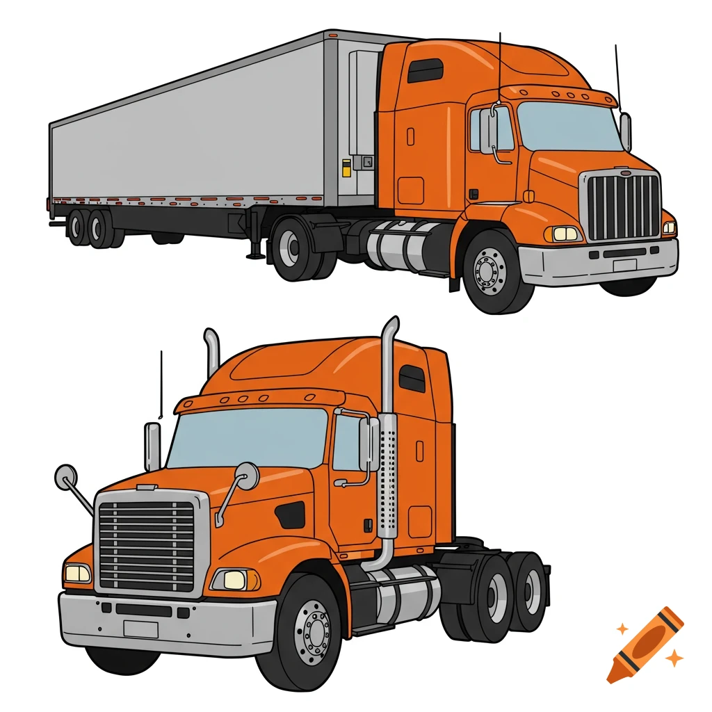 Clipart illustration of two orange semi trucks, one side view with trailer and one front view cab.