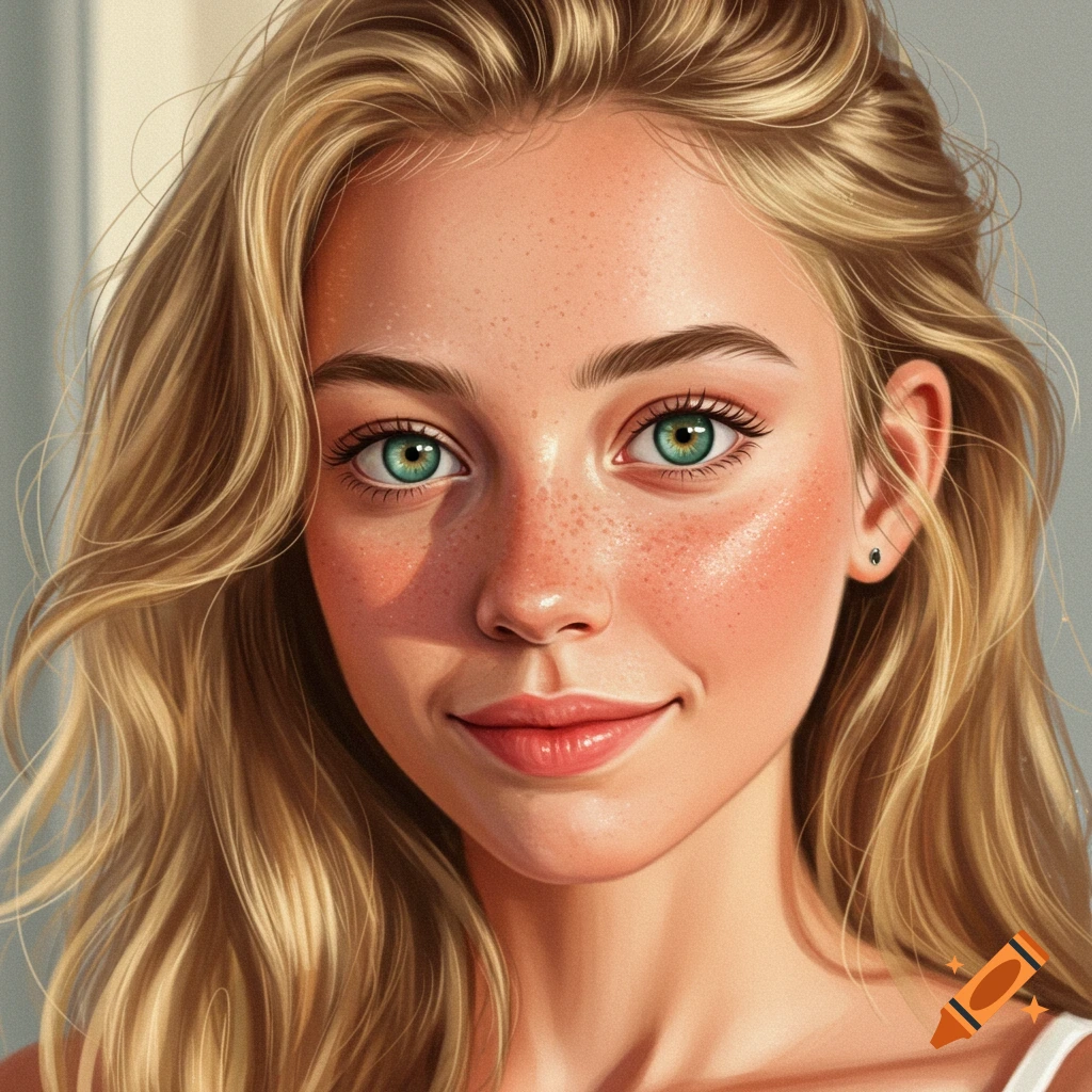 A close-up portrait of a young woman with blonde hair, green eyes, and freckles.