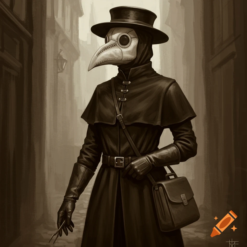 A plague doctor wearing a mask, hat, and coat walks down a street.