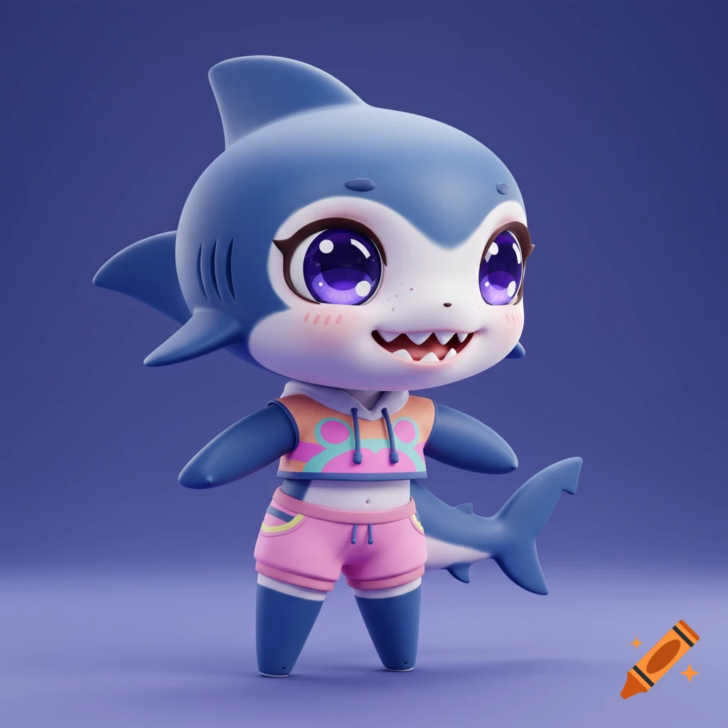 A cute 3D rendered chibi shark character wearing a hoodie and shorts.