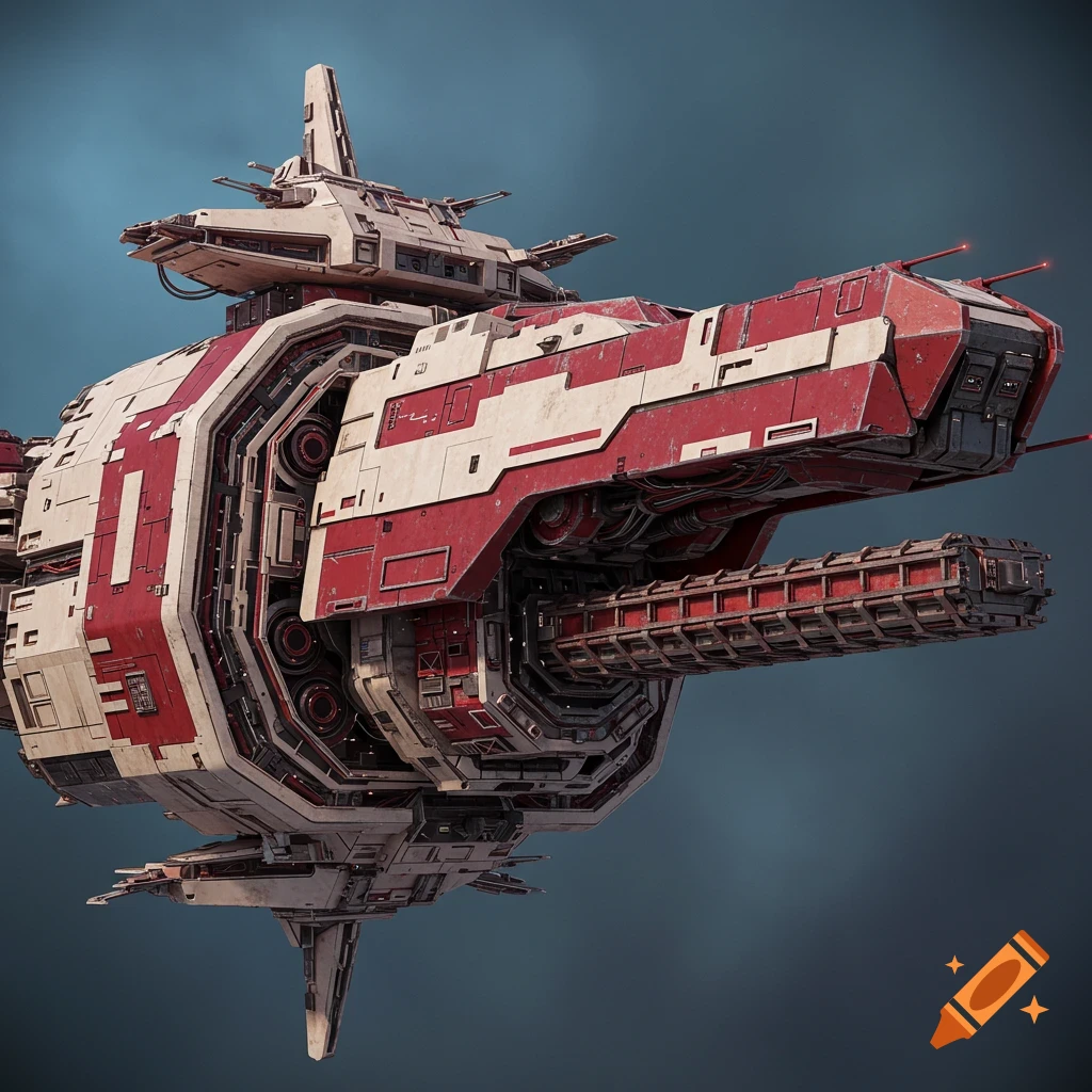 Detailed red and white sci-fi starship with a railgun mounted underneath.