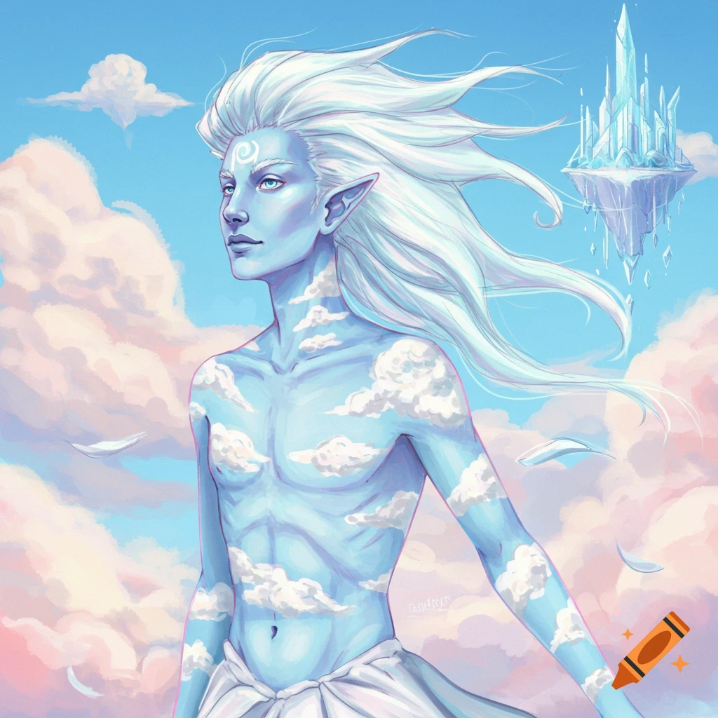 An air genasi with white hair and sky-like skin, standing among clouds near a floating crystal island.