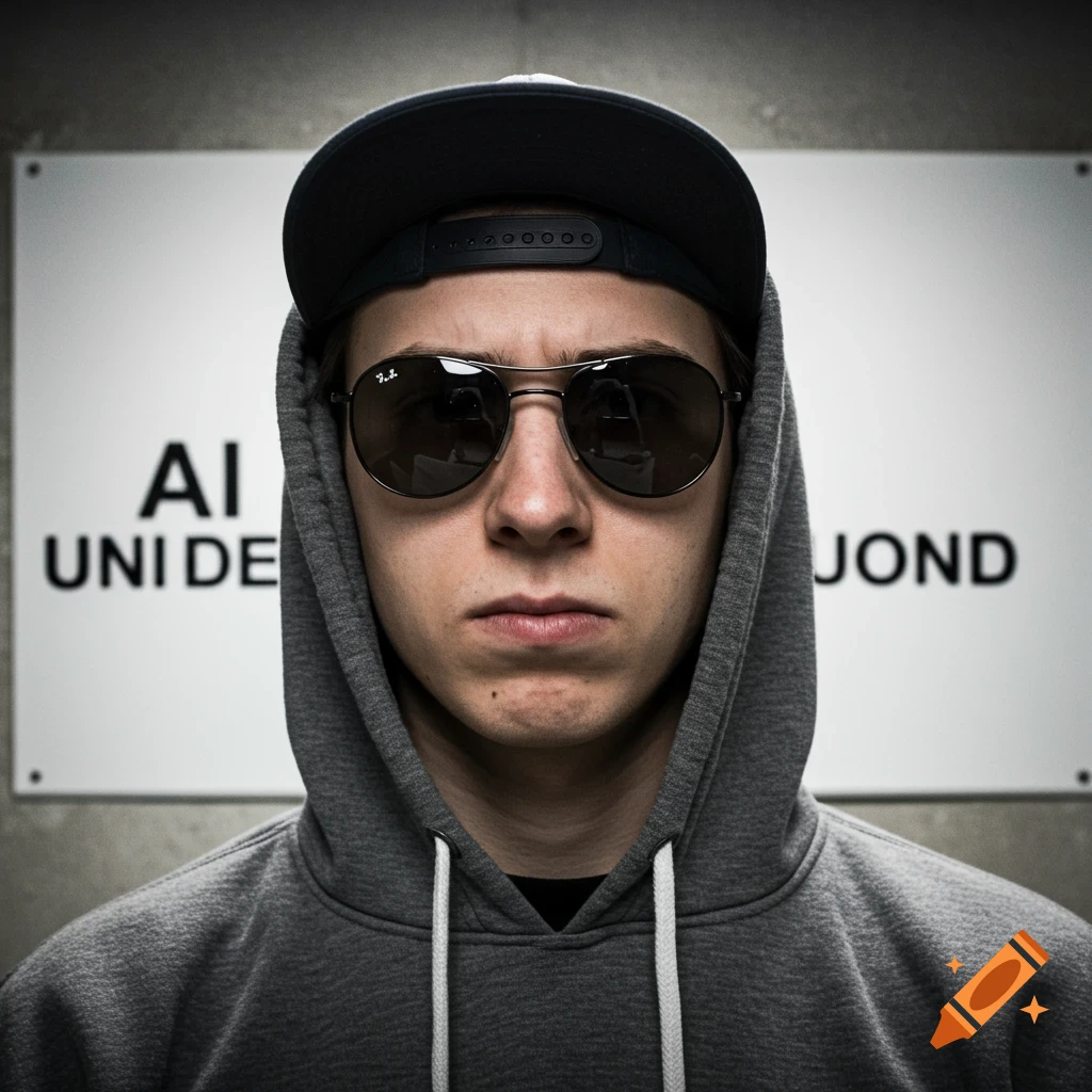 Portrait of a young man wearing sunglasses and a hoodie in front of a sign.