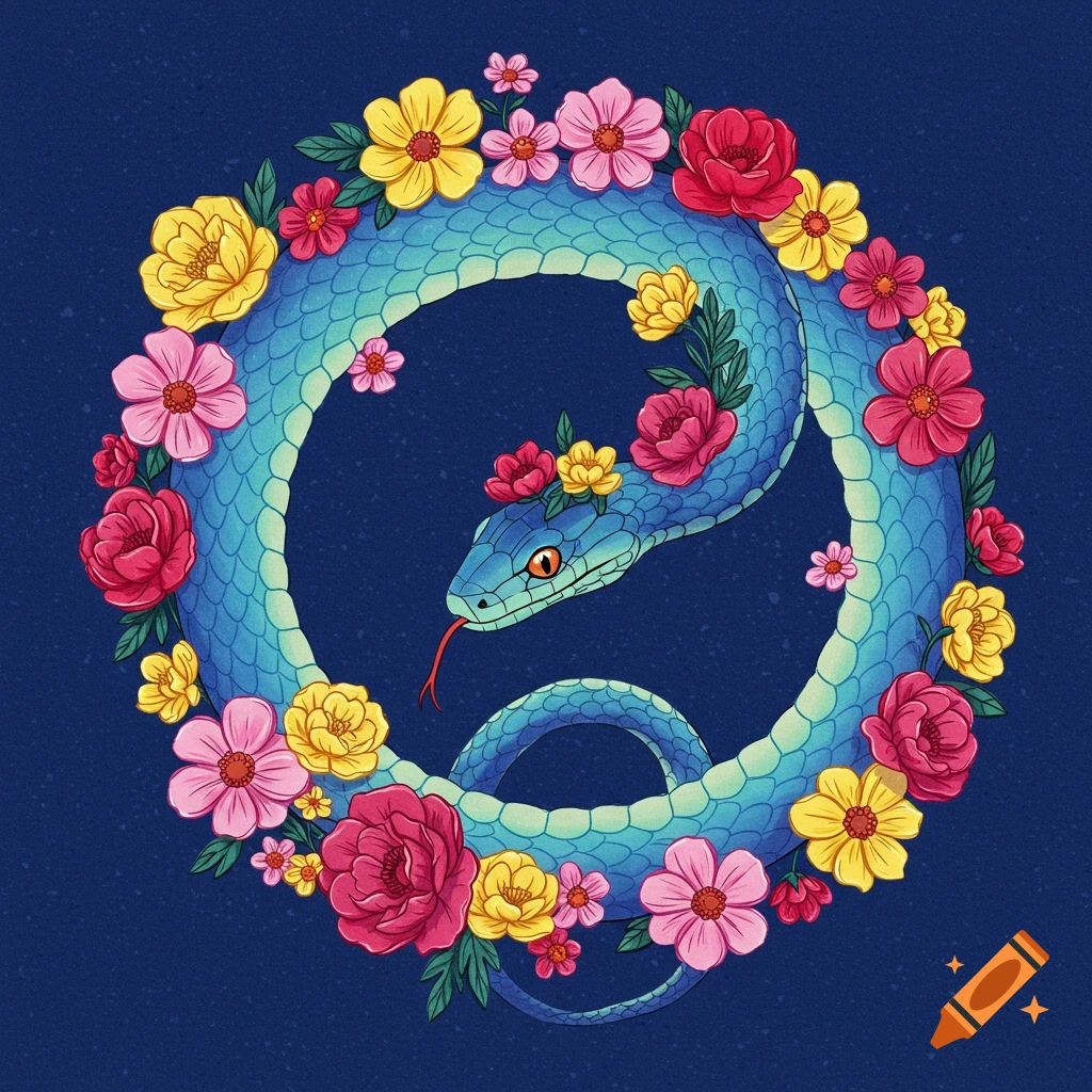 Illustration of a blue snake in a circle surrounded by colorful flowers.
