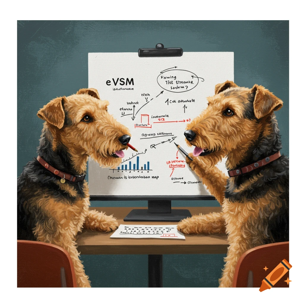 Two Airedale terriers, one blonde and one darker, working at a whiteboard with diagrams in a painting style.