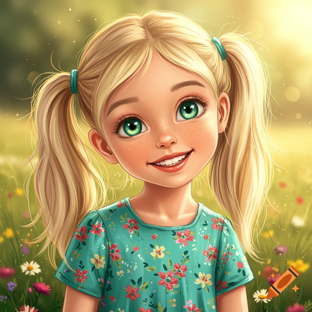 A smiling blonde girl with pigtails and green eyes in a floral dress in a field of wildflowers.