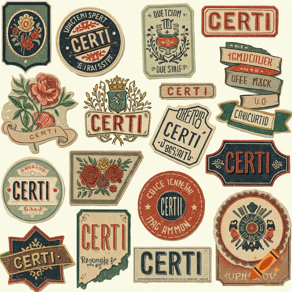 A collection of vintage-style patches and labels featuring illustrations of flowers and a crest.