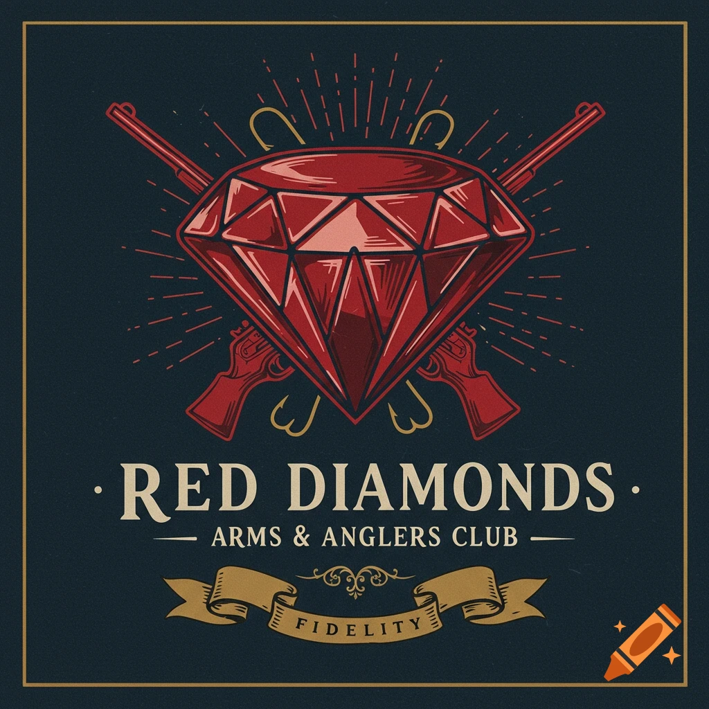 Logo emblem with red diamond, crossed rifles, fishing hooks, and text Red Diamonds Arms & Anglers Club, Fidelity