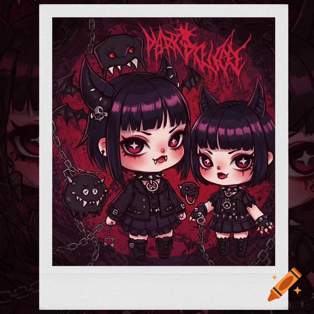 Illustration of two dark kawaii style girls with horns and fangs, surrounded by chains and creatures.