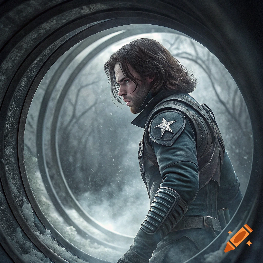 Man in dark jacket with star symbol seen through a metal ring in a snowy forest.
