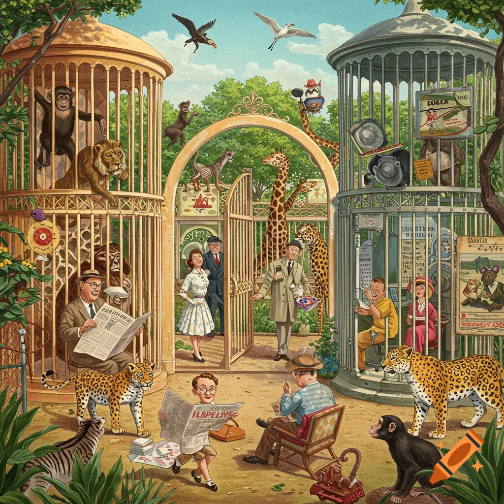 Illustration of a 1950s zoo scene with humans in cages and animals walking free as visitors.