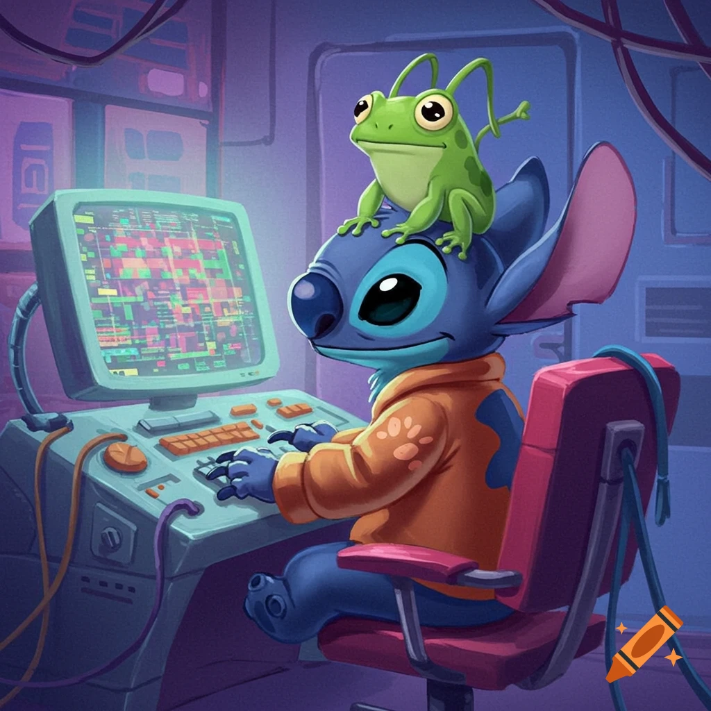 Stitch sits at a computer with a frog on his head, digital illustration