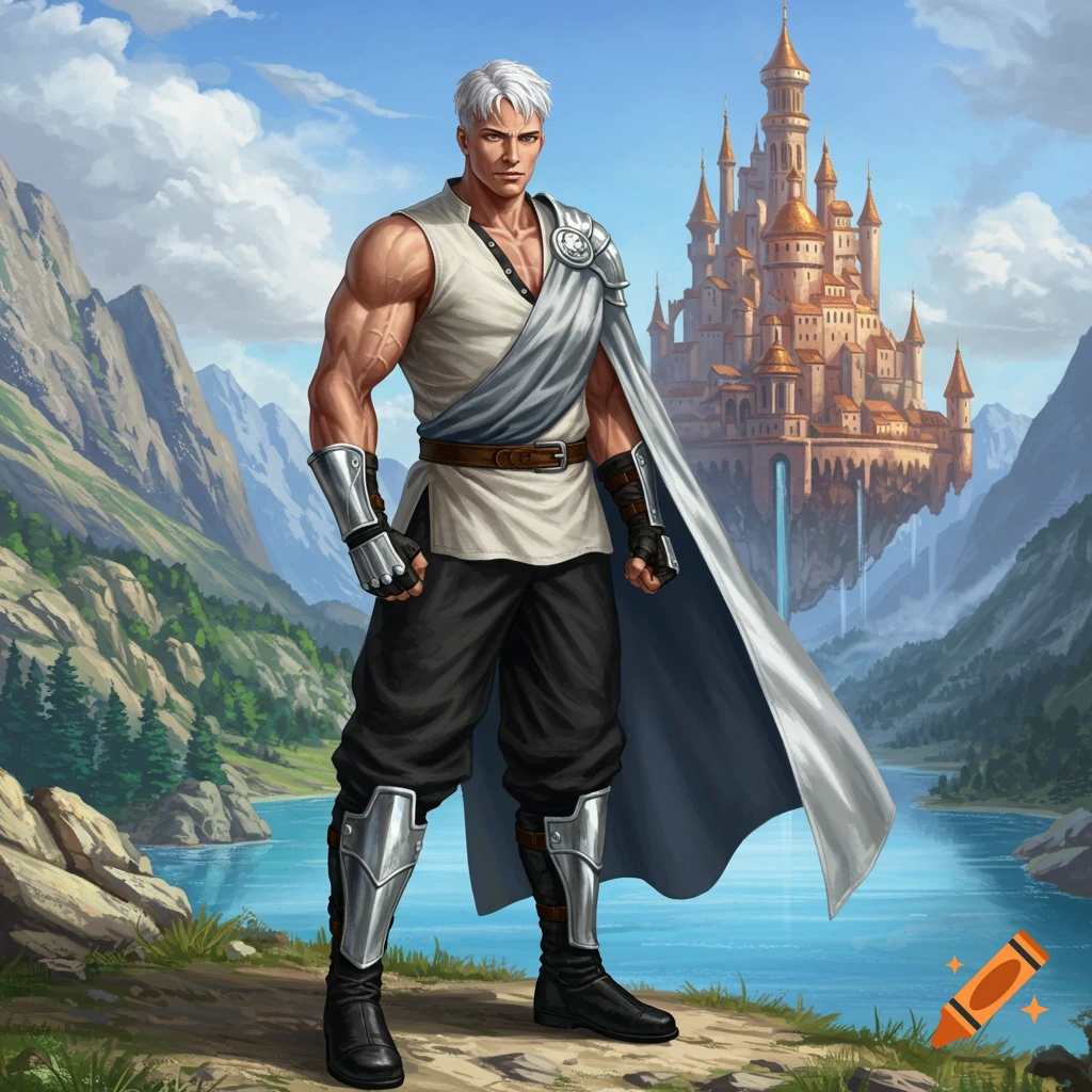 A muscular man in fantasy gear stands in a valley with a lake and a floating castle.