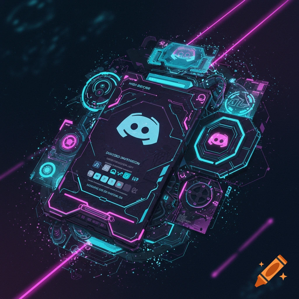 A high-tech phone is displaying a Discord invitation. The phone is surrounded by futuristic circuits and neon lights.