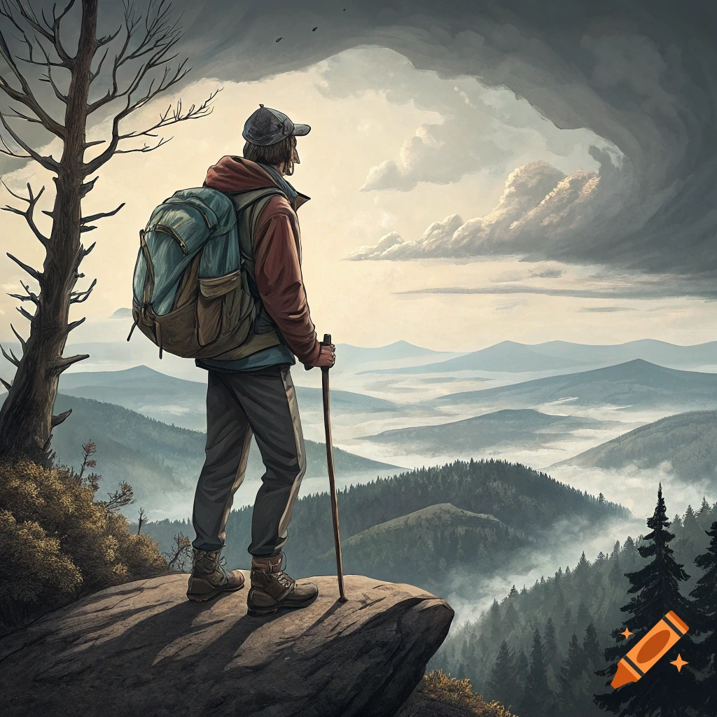 A hiker stands on a rock overlooking a vast, misty mountain landscape in a painterly style.