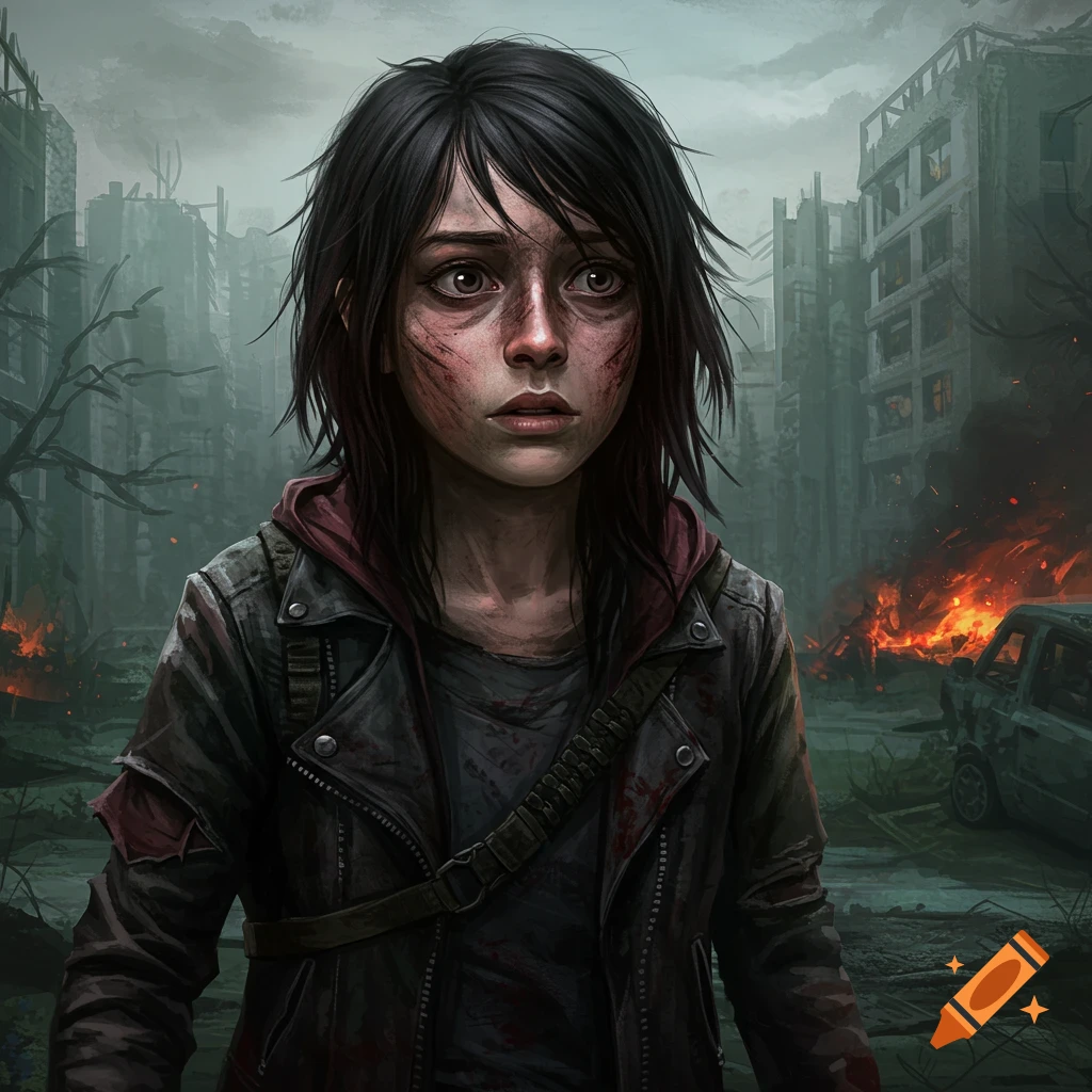 A girl with scratches and dirt on her face stands in a ruined city with fires.