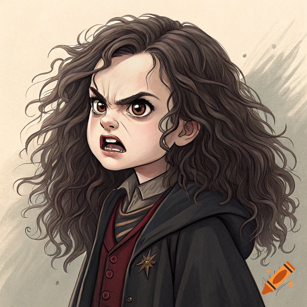 Stylized illustration of a young girl resembling Hermione Granger looking angry in Hogwarts robes.