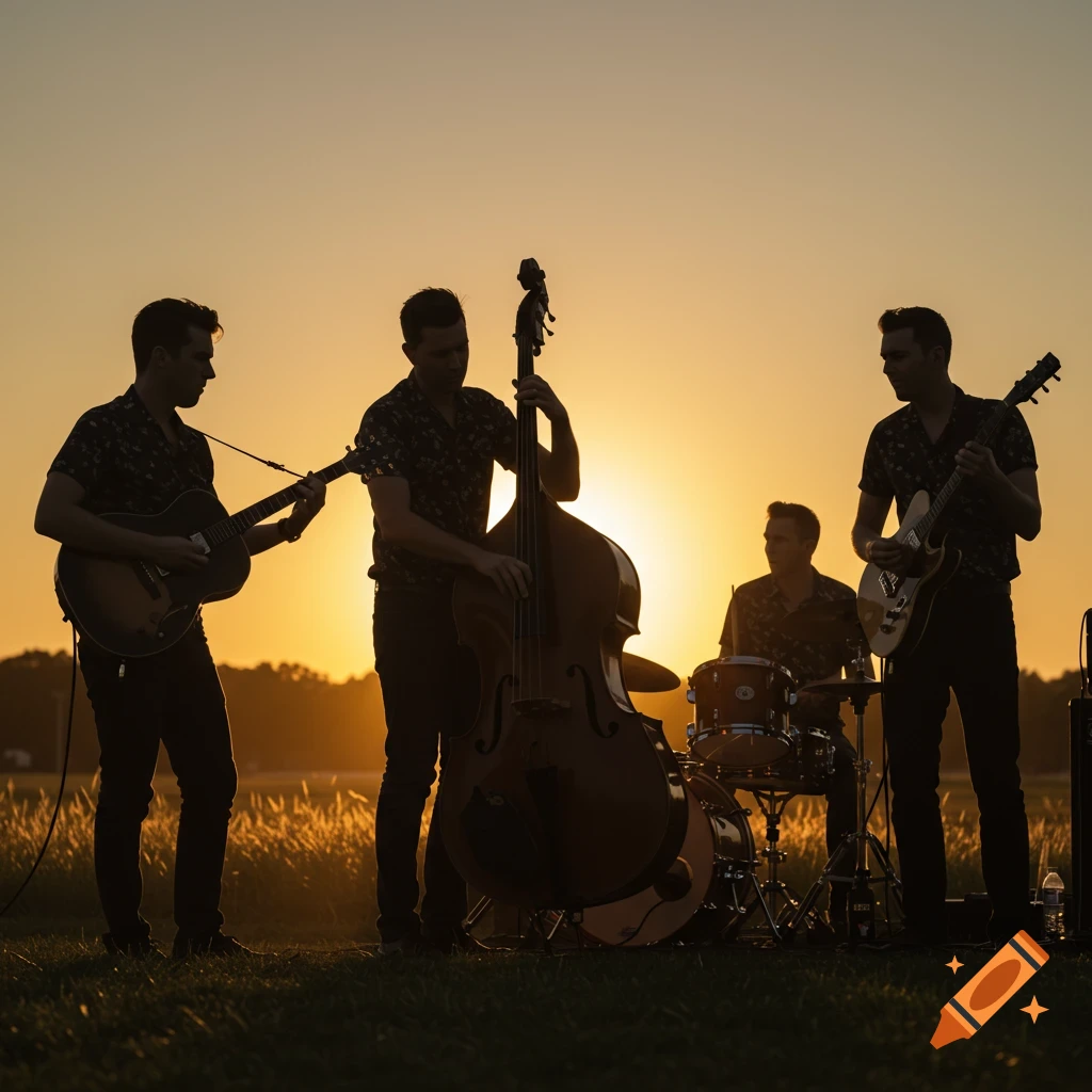 Silhouette of a rockabilly band playing outdoors at sunset.
