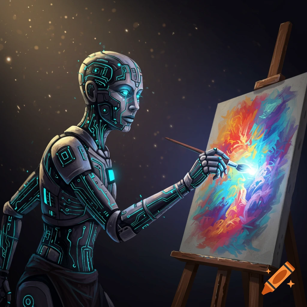 Humanoid robot figure painting on a canvas.