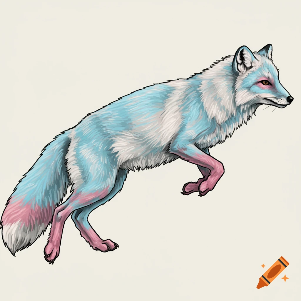 Arctic fox running, colored with transgender flag stripes.