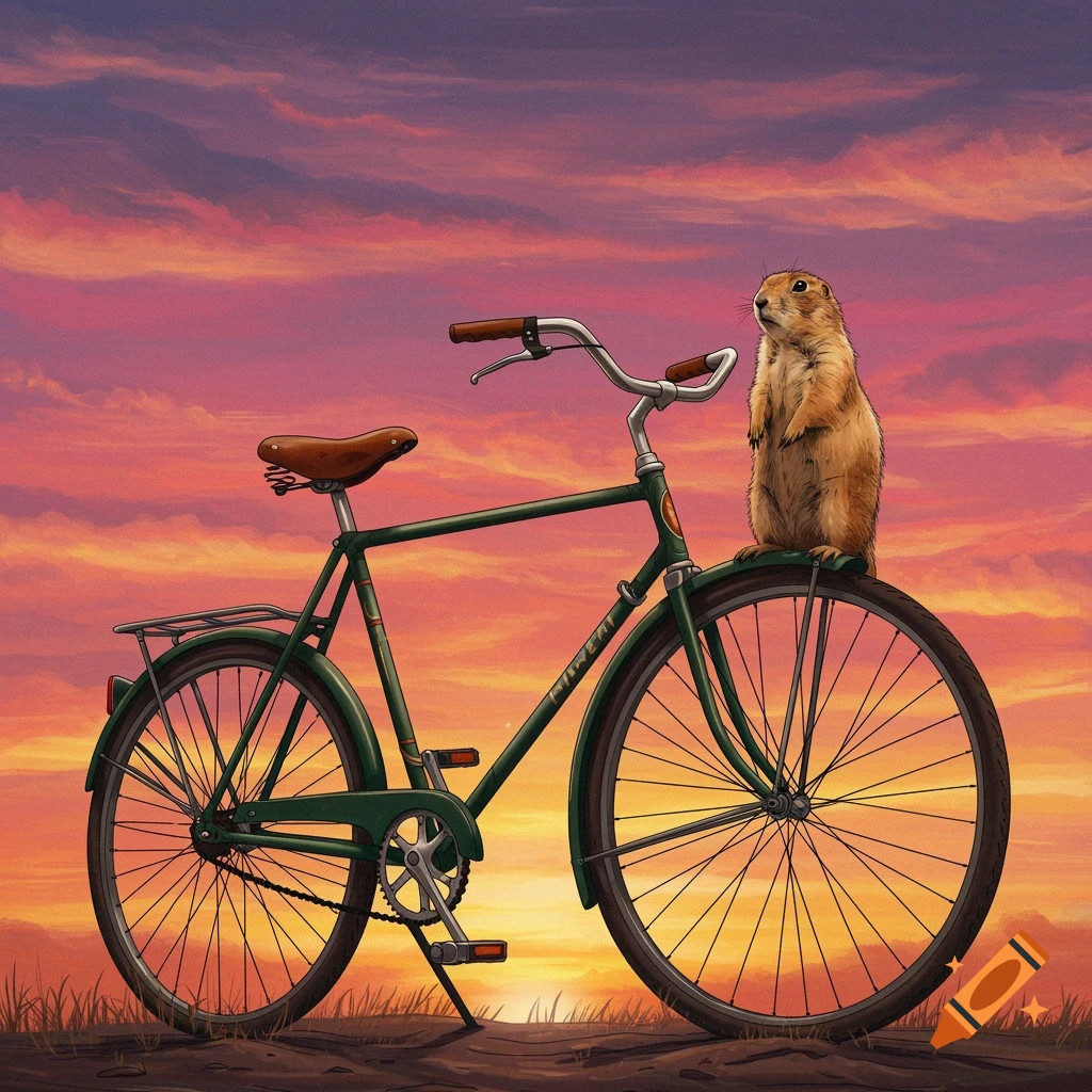A prairie dog stands on the back fender of a vintage green bicycle at sunset.