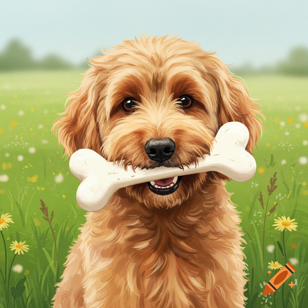 A Golden Doodle dog holds a bone in its mouth in a field of flowers.