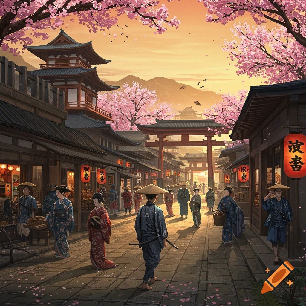 An ancient Japanese street scene with people, cherry blossoms, traditional buildings, and lanterns at sunset.