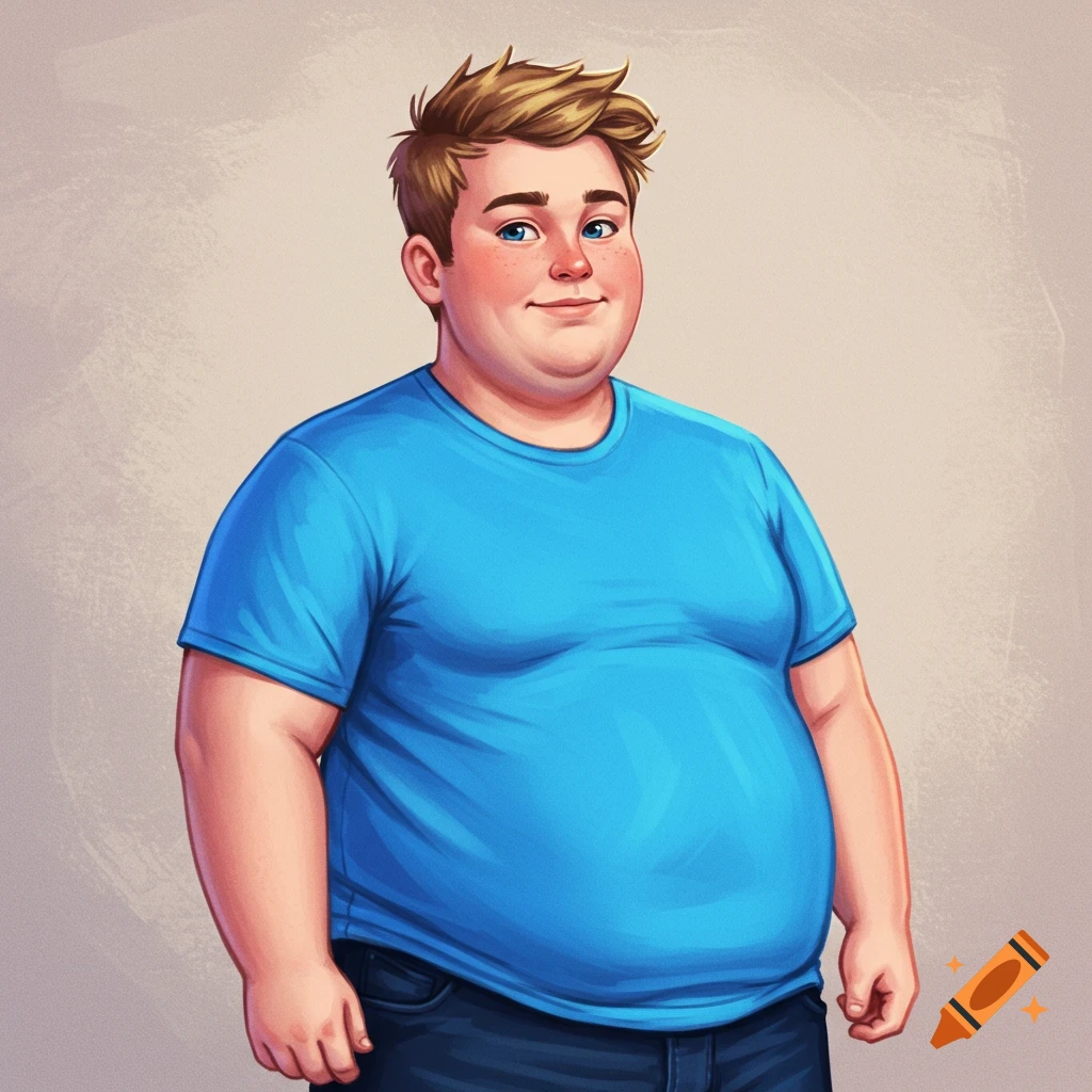 A chubby young man wearing a blue t-shirt and jeans.