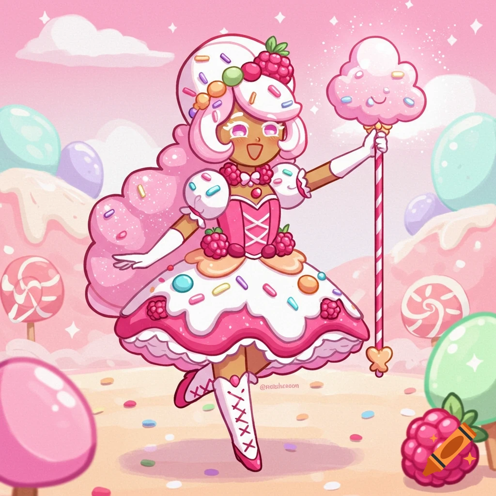 Cute character in a candy land, dressed like a powdered raspberry dessert, holding a cotton candy wand.